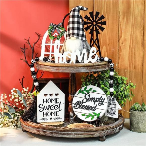 10 Pieces Farmhouse Decor for Tiered Tray, Black White Buffalo Plaid Wooden - Picture 3 of 6